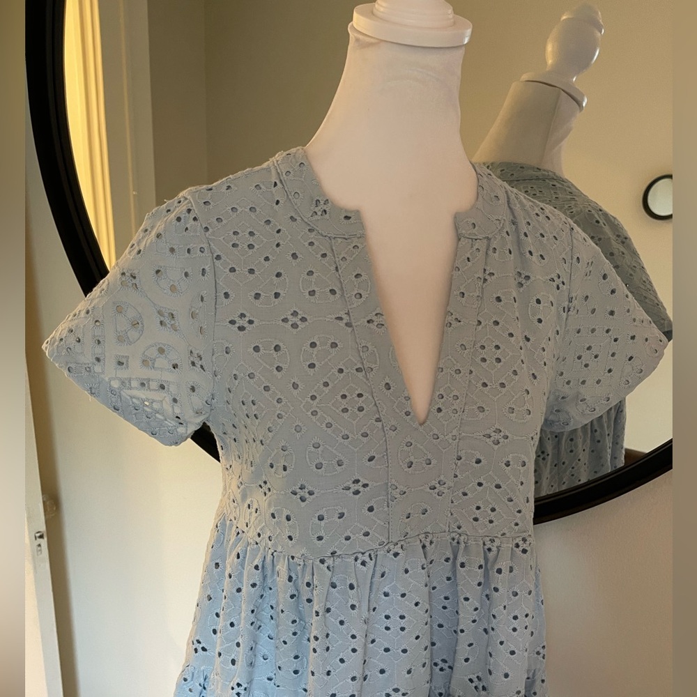Blue Eyelet Tiered V-Neck Women's Dress - Picture 6 of 8